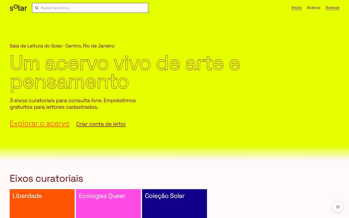 Página inicial da biblioteca com o título sobre amarelo e os eixos curatoriais