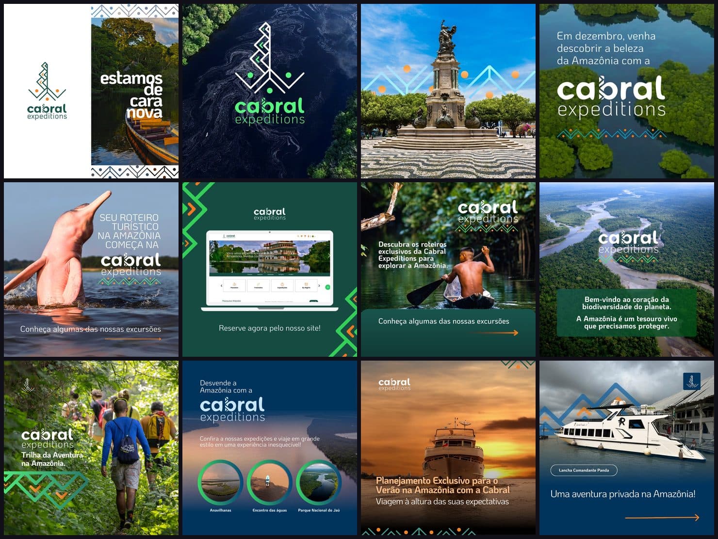 Doze posts do feed da Cabral feitos entre 2023 e 2025, com o sistema da marca