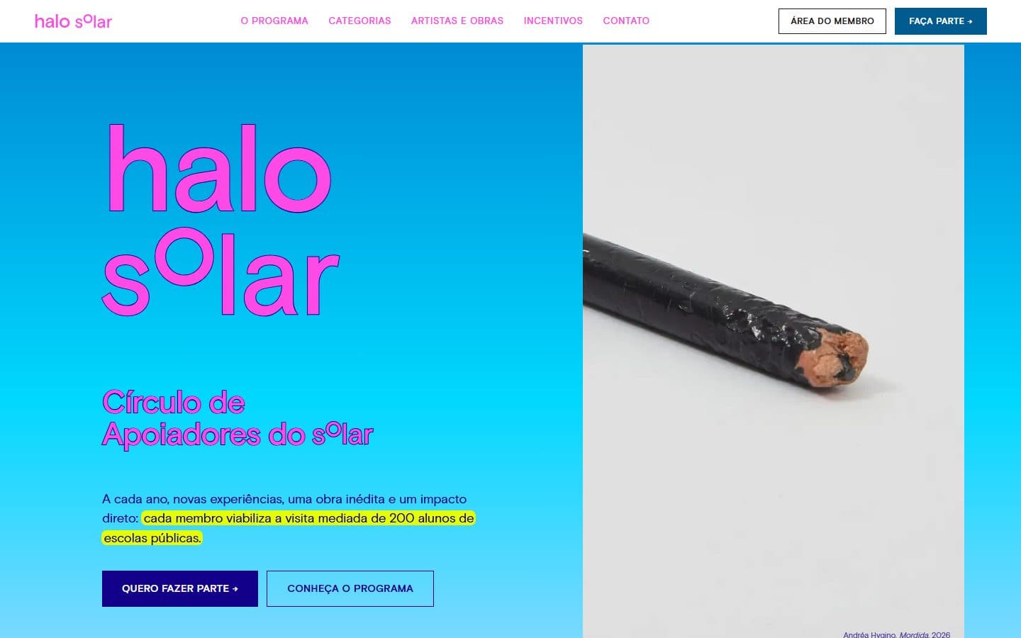 Página inicial do Halo Solar com o título em magenta sobre azul