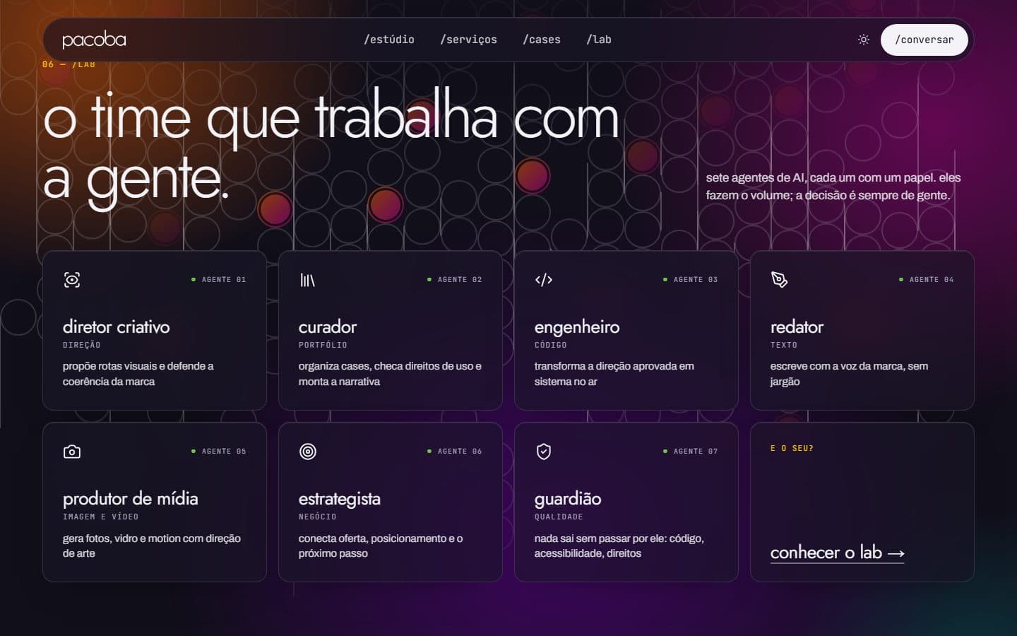 Cards dos agentes em vidro fosco sobre o cobogó