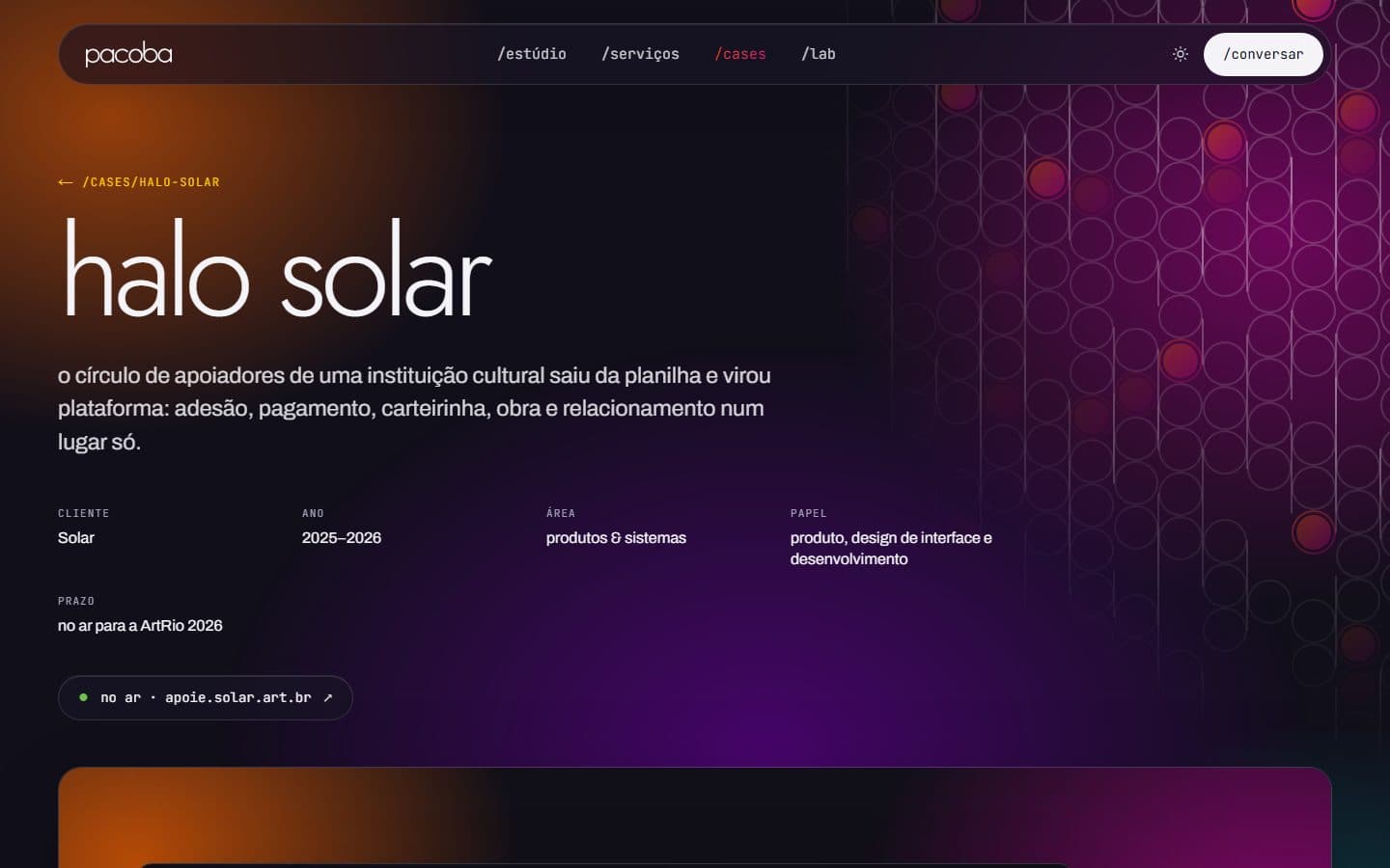 Página de case do Halo Solar